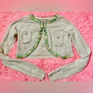 Sugar lips cream embellished green gem crop button cardigan small